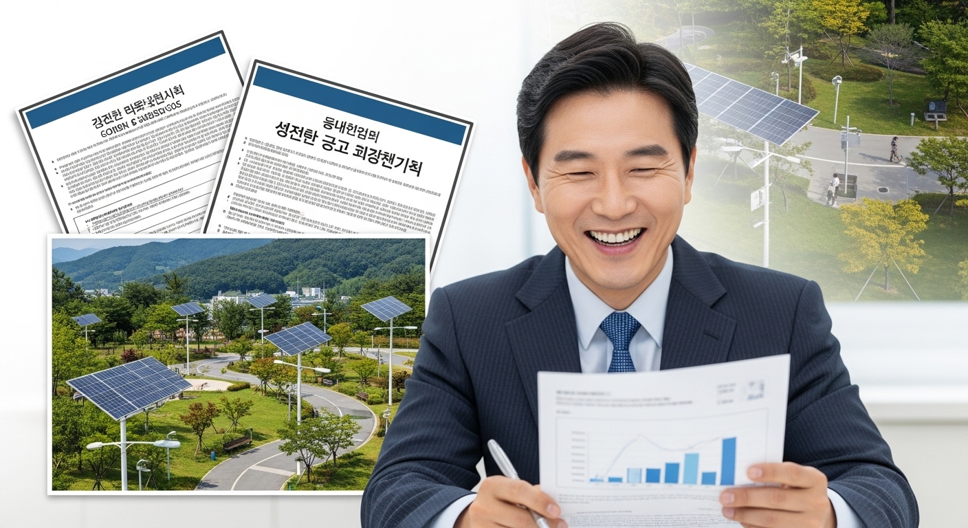 경제적 이점과 정책 지원: 설치 비용 절감과 장기적 가치 - 한국인 사업가가 태양광 가로등 프로젝트의 재정 보고서를 검토하며, 정부 지원과 장기적인 경제적 이점에 만족하는 모습