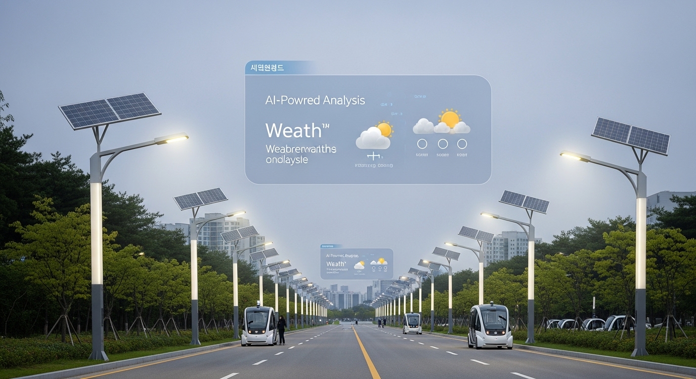 도전 과제와 미래 전망: 더 밝은 내일을 위한 혁신 - 최첨단 디자인의 태양광 가로등이 미래 스마트 도시를 밝히고 있으며, AI 기반 날씨 예측 시스템이 가로등 위에 그래픽으로 표시되어 효율적인 에너지 관리를 보여주는 모습