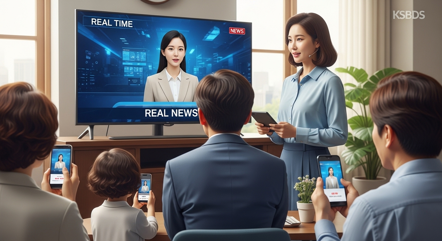 실제 방송 데뷔의 현장과 시청자 반응 - AI 앵커가 뉴스를 진행하는 모습과 이를 다양한 연령대의 한국인들이 시청하는 모습