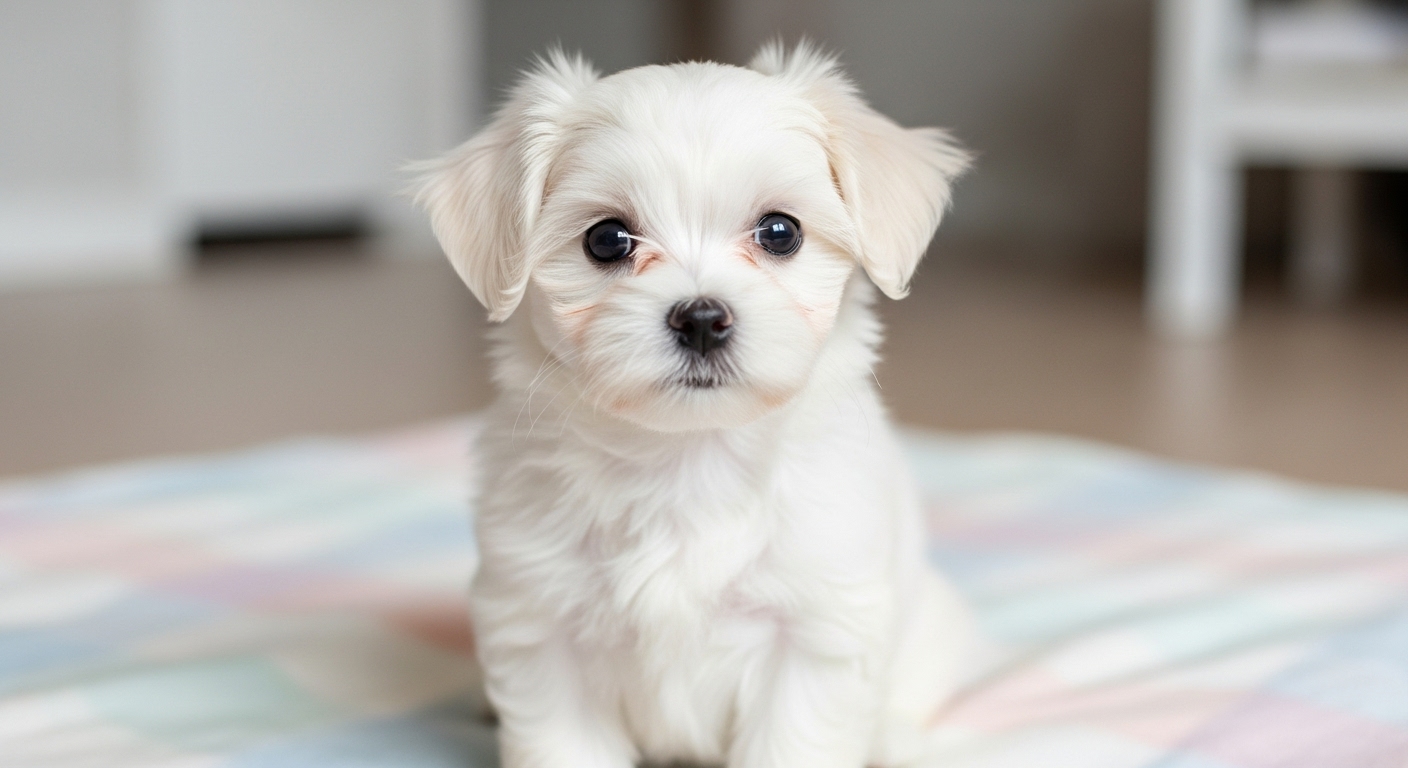 초보 견주를 위한 추천 견종 비교 - 크고 검은 눈을 가진 귀엽고 복슬복슬한 흰색 말티즈 강아지가 포근한 파스텔톤 담요 위에 앉아 온화하게 카메라를 응시하는 모습