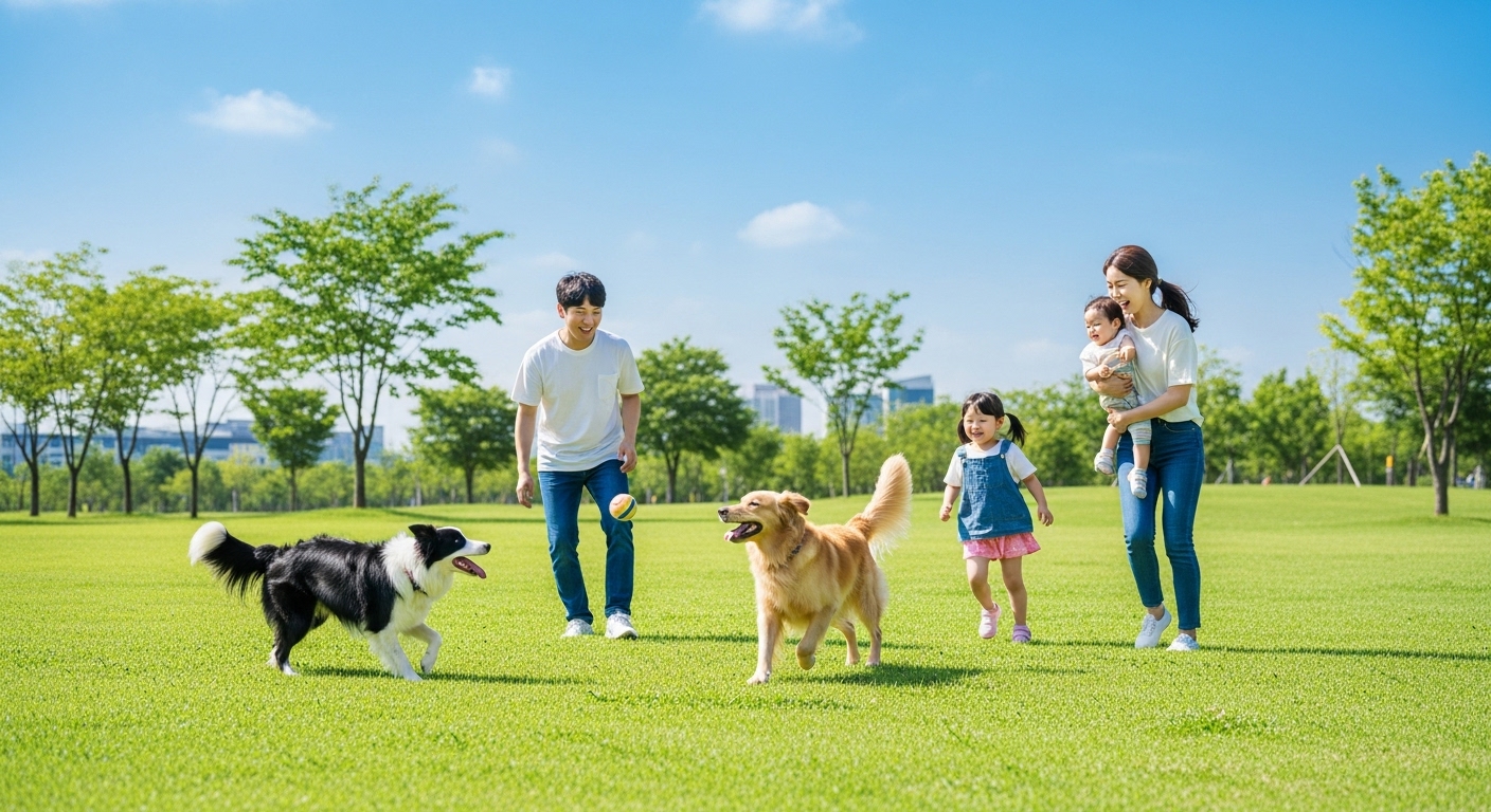 활동적인 가족을 위한 견종 비교 - 넓고 푸른 공원에서 보더콜리와 골든 리트리버가 한국인 가족(성인 두 명과 아이 한 명)과 즐겁게 뛰놀며 공을 가져오는 활기찬 장면. 강아지들은 에너지가 넘치고 행복해 보이며, 가족은 밝은 하늘 아래서 반려동물과 교감하며 미소 짓고 있다.