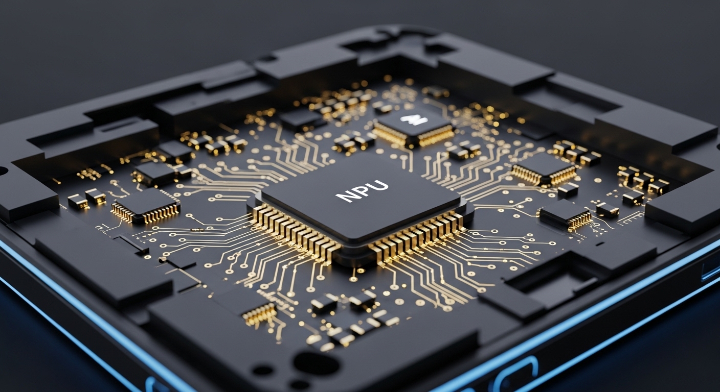 AI 반도체 혁명과 엣지 AI의 부상 - 미래형 기기 내부의 AI 반도체와 엣지 AI 칩들이 효율적으로 작동하는 모습