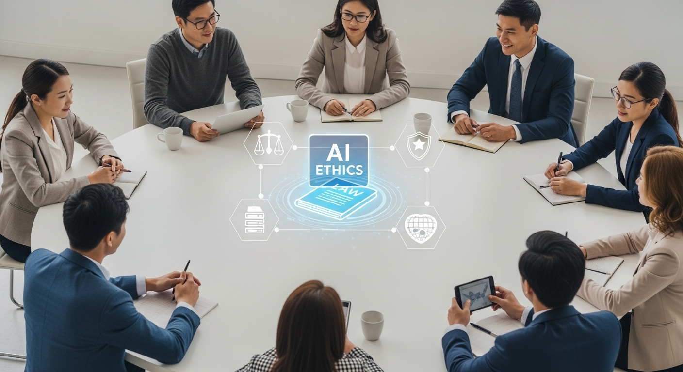 책임감 있는 AI와 AI 거버넌스 강화 - AI 윤리, 데이터 보안, 투명성 등의 주제로 국제 전문가들이 회의하는 모습