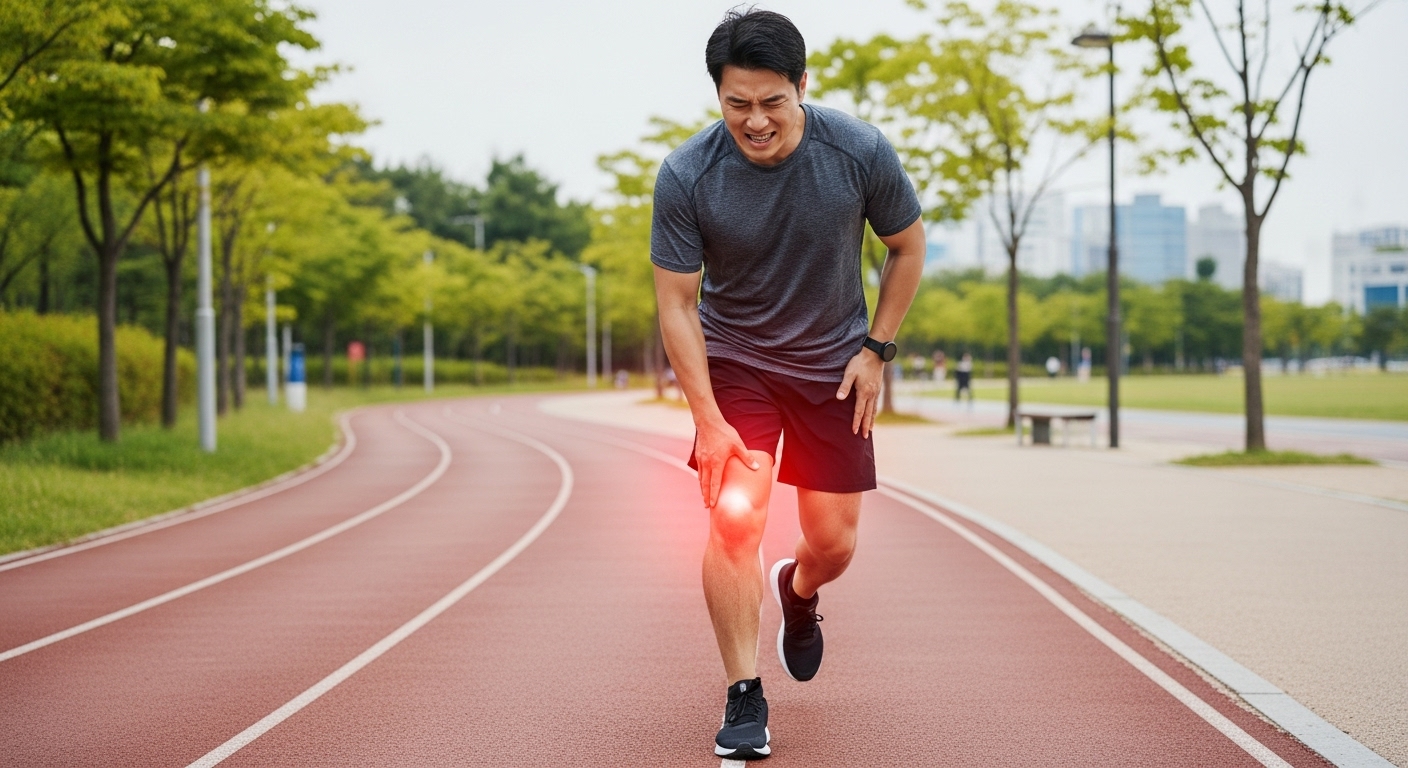 달리기 무릎 통증의 주요 원인과 초기 증상 - 달리기 중 무릎 통증을 느끼며 얼굴을 찡그리는 한국인 남성 러너의 모습, 무릎 부분에 통증을 시각적으로 나타내는 붉은색 효과가 있다.
