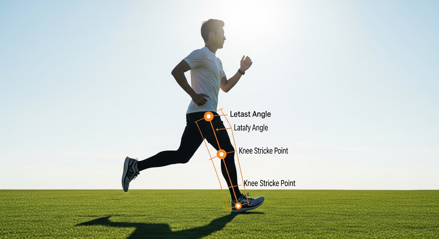 부상 예방을 위한 올바른 달리기 자세와 적절한 장비 - 푸른 잔디밭을 달리는 한국인 러너의 옆모습. 올바른 자세를 보여주기 위해 착지 발과 무릎 각도에 투명한 가이드라인이 표시되어 있고, 발에는 최신 러닝화가 선명하게 보인다.