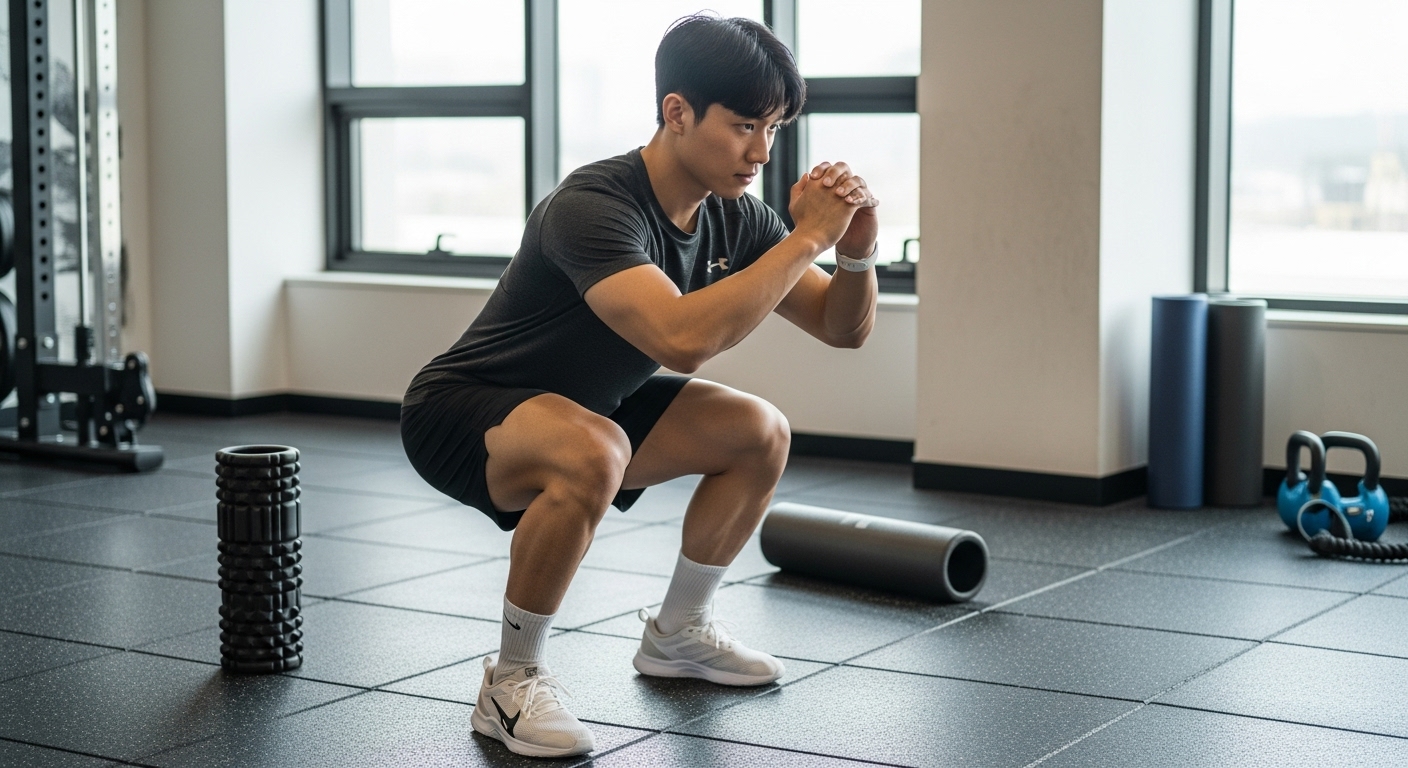 건강한 무릎을 위한 근력 강화 운동 및 유연성 관리 - 헬스장에서 바른 자세로 스쿼트를 하며 하체 근육을 단련하는 한국인 남성. 그의 주변에는 폼롤러와 다양한 운동 기구들이 놓여 있다.