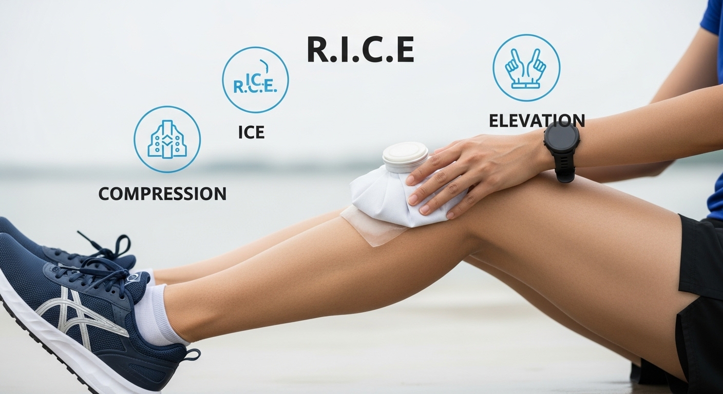 달리기 중 무릎 통증 발생 시 대처 및 효과적인 회복 전략 - 달리기 후 무릎에 아이싱 팩을 대고 편안하게 쉬고 있는 한국인 러너의 다리 모습. 주변에는 R.I.C.E. (Rest, Ice, Compression, Elevation) 원칙을 시각적으로 설명하는 그래픽이 배치되어 있다.