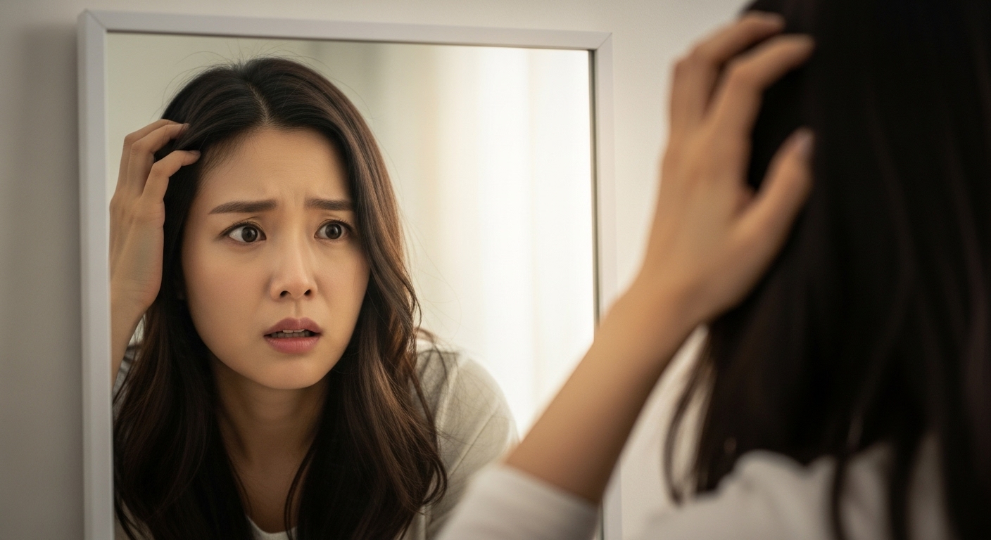 간헐적 단식의 신체적 위험 신호 - 한 여성이 거울을 보며 머리카락이 빠지는 것을 걱정스럽게 살펴보고 있는 모습.