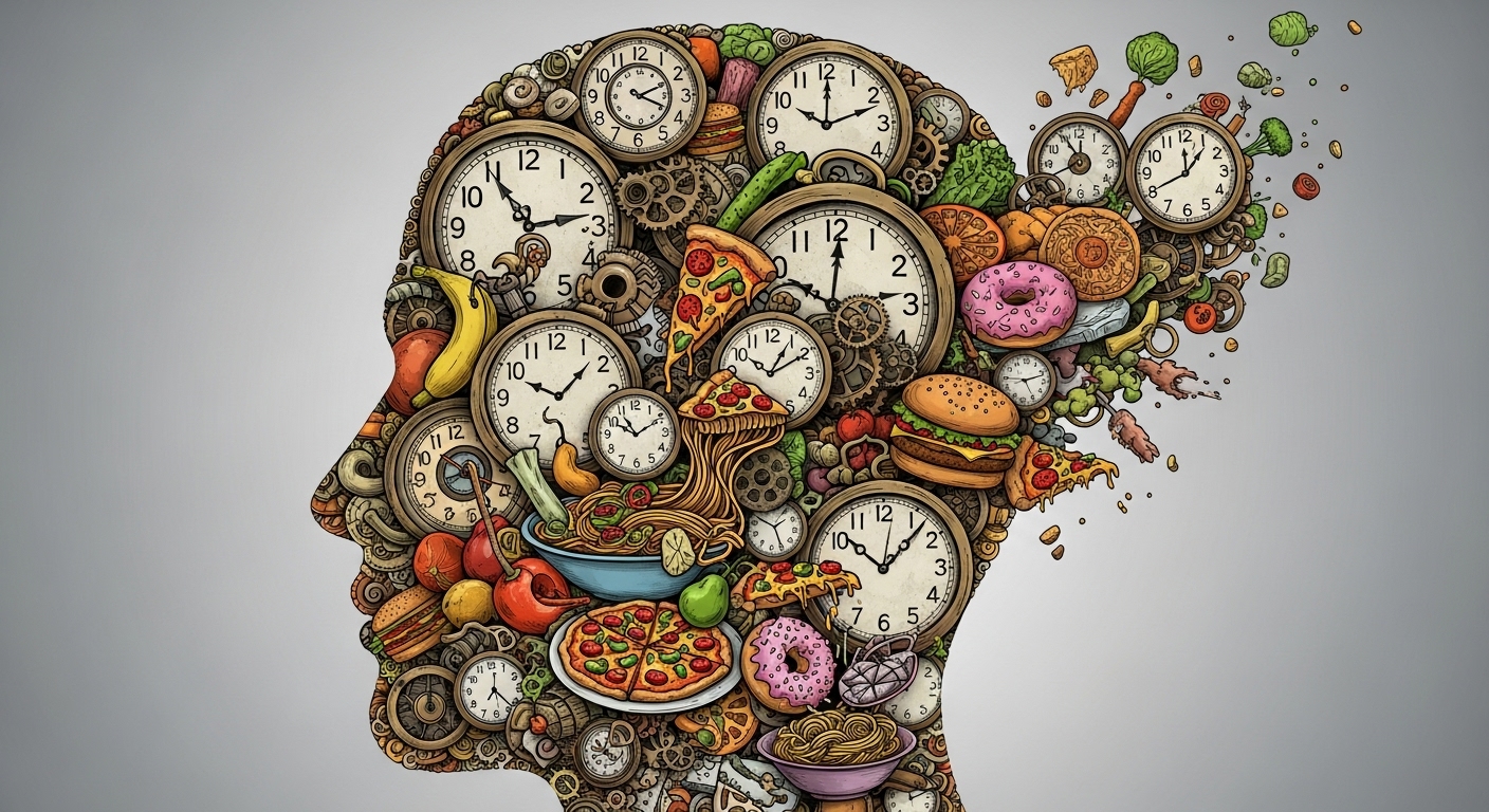 간헐적 단식의 정신적 부작용 - 음식에 대한 강박적인 생각과 불안감으로 인해 머릿속이 복잡하게 얽혀있는 것을 상징적으로 표현한 이미지.