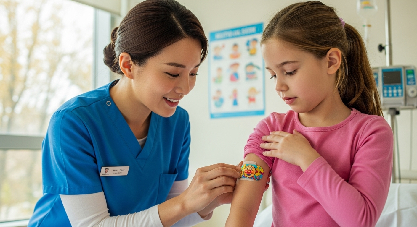 어린이 인플루엔자 예방접종 - 간호사가 예방접종 후 아이에게 밴드를 붙여주는 모습.