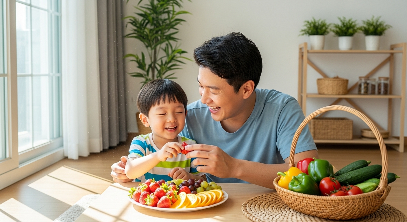 면역력을 키우는 건강한 생활 습관 - 아빠와 아들이 함께 과일을 먹는 모습.