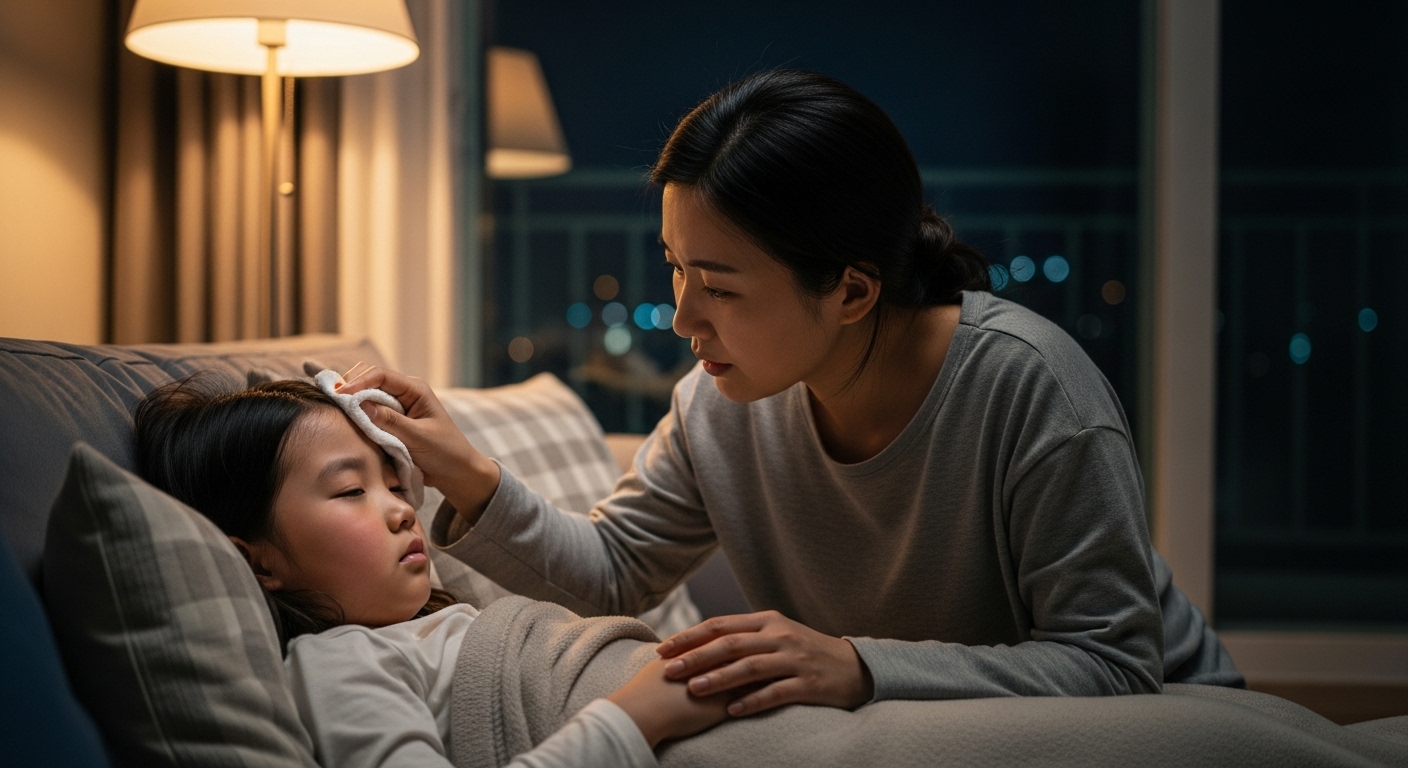독감 의심 증상 및 대처법 - 엄마가 아픈 아이를 간호하고 있는 모습.