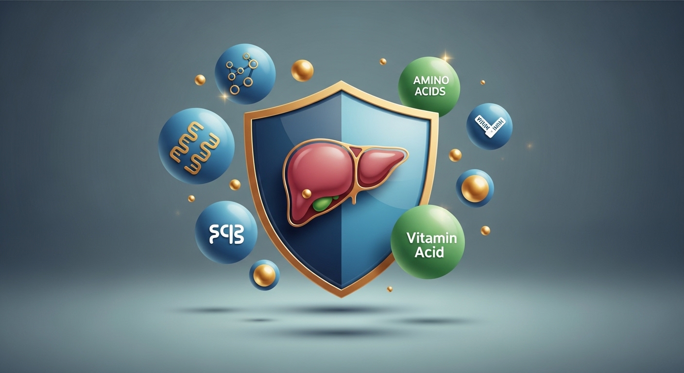 간 건강부터 면역력 강화까지, 황태의 핵심 효능 - 간을 보호하는 방패와 단백질, 아미노산을 상징하는 아이콘이 그려진 그래픽 이미지
