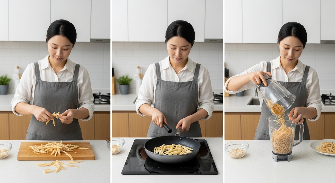 집에서 직접 만드는 수제 황태 분말 A to Z - 한 사람이 부엌에서 황태를 손질하고, 팬에 볶은 후 믹서기로 가는 과정을 보여주는 모습