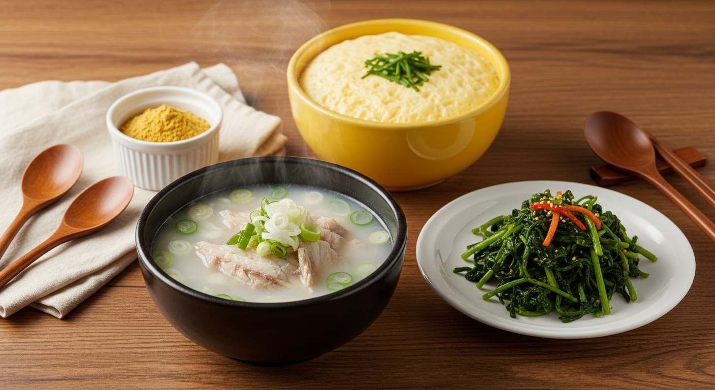 맛과 건강을 동시에! 황태 분말 200% 활용법 - 황태 분말을 활용하여 만든 계란찜, 나물무침, 맑은 국 등 다양한 요리가 차려진 식탁