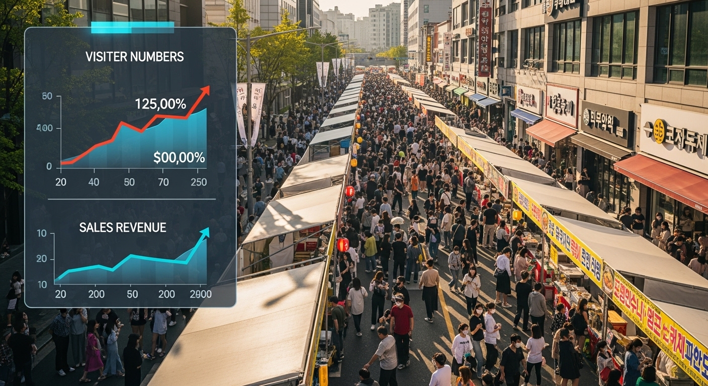 숫자로 증명된 경제 효과: 지역 상권을 깨우다 - 축제를 즐기는 수많은 인파와 함께 방문객 수, 매출액 상승을 나타내는 그래프가 시각적으로 표현된 이미지.