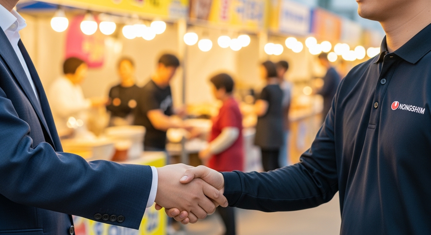 기업과 지역사회의 상생: 성공적인 파트너십 모델 - 구미시 관계자와 농심 직원이 악수하며, 배경에는 축제를 즐기는 시민과 소상공인들이 있는 이미지.