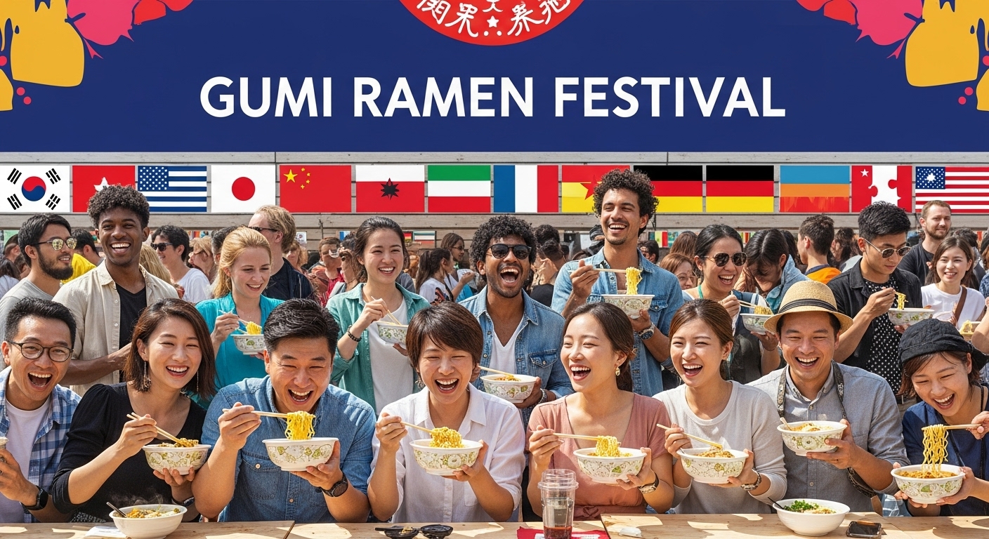 구미 라면 축제의 미래: 글로벌 축제로의 도약 - 다양한 국적의 사람들이 구미 라면 축제를 즐기는 모습으로 글로벌 축제의 비전을 나타내는 이미지.