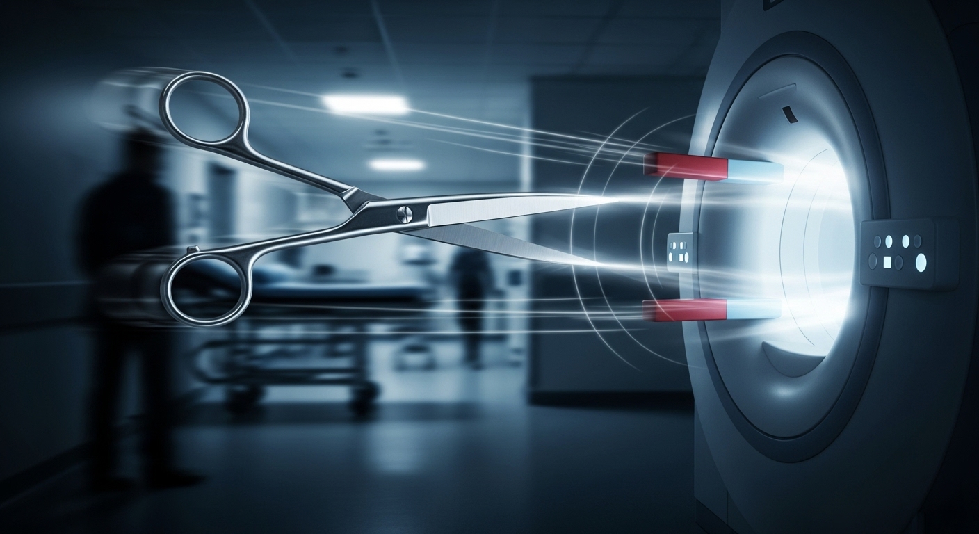 쇠붙이의 치명적인 위험 - MRI 기계의 강력한 자기장으로 인해 금속 가위가 총알처럼 날아가는 위험한 상황을 묘사한 이미지.