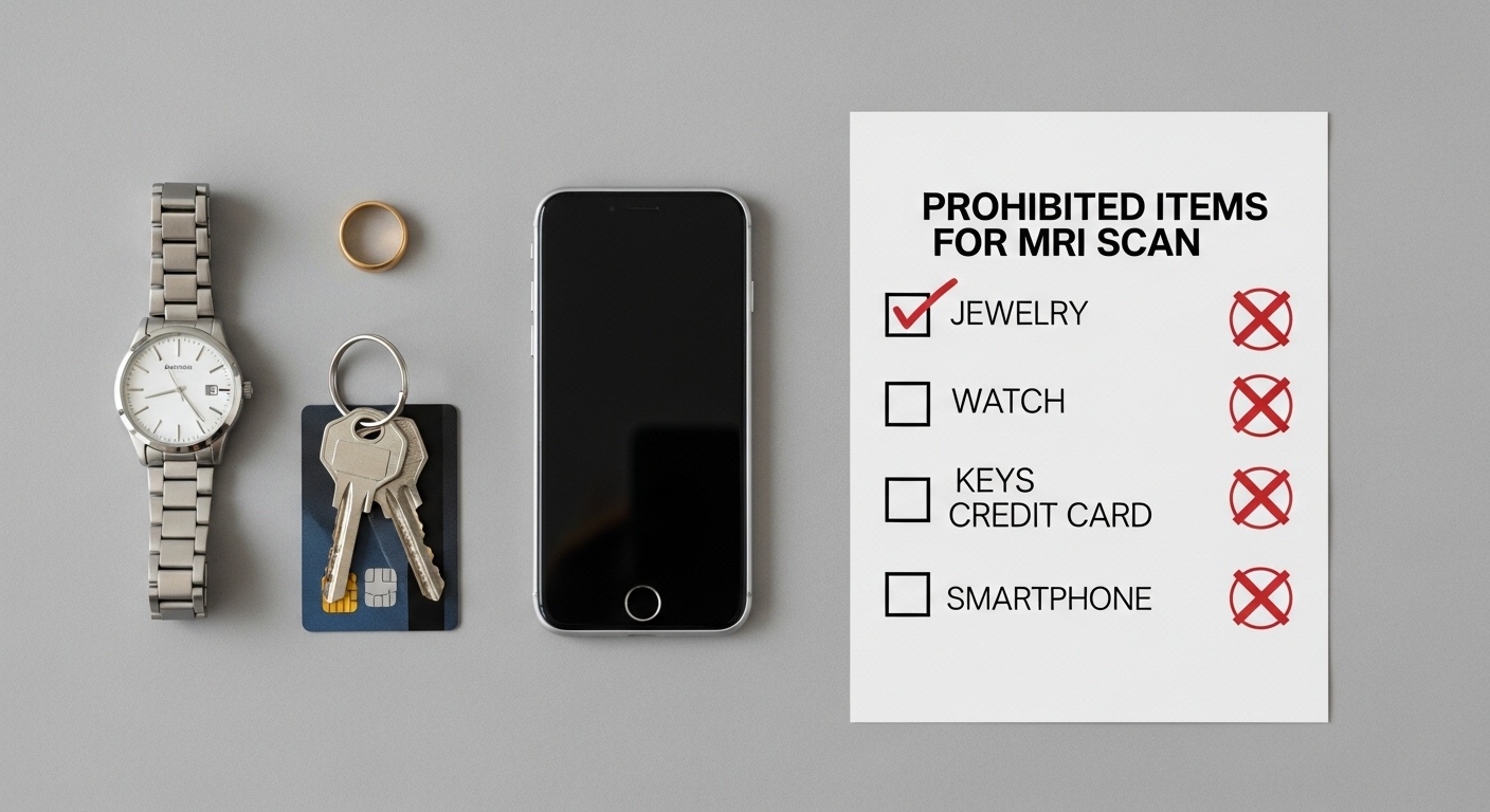 MRI 촬영 시 반입 금지 물품 - 시계, 열쇠, 신용카드, 스마트폰, 액세서리 등 MRI 검사 시 금지되는 물품들을 보여주는 체크리스트 이미지.