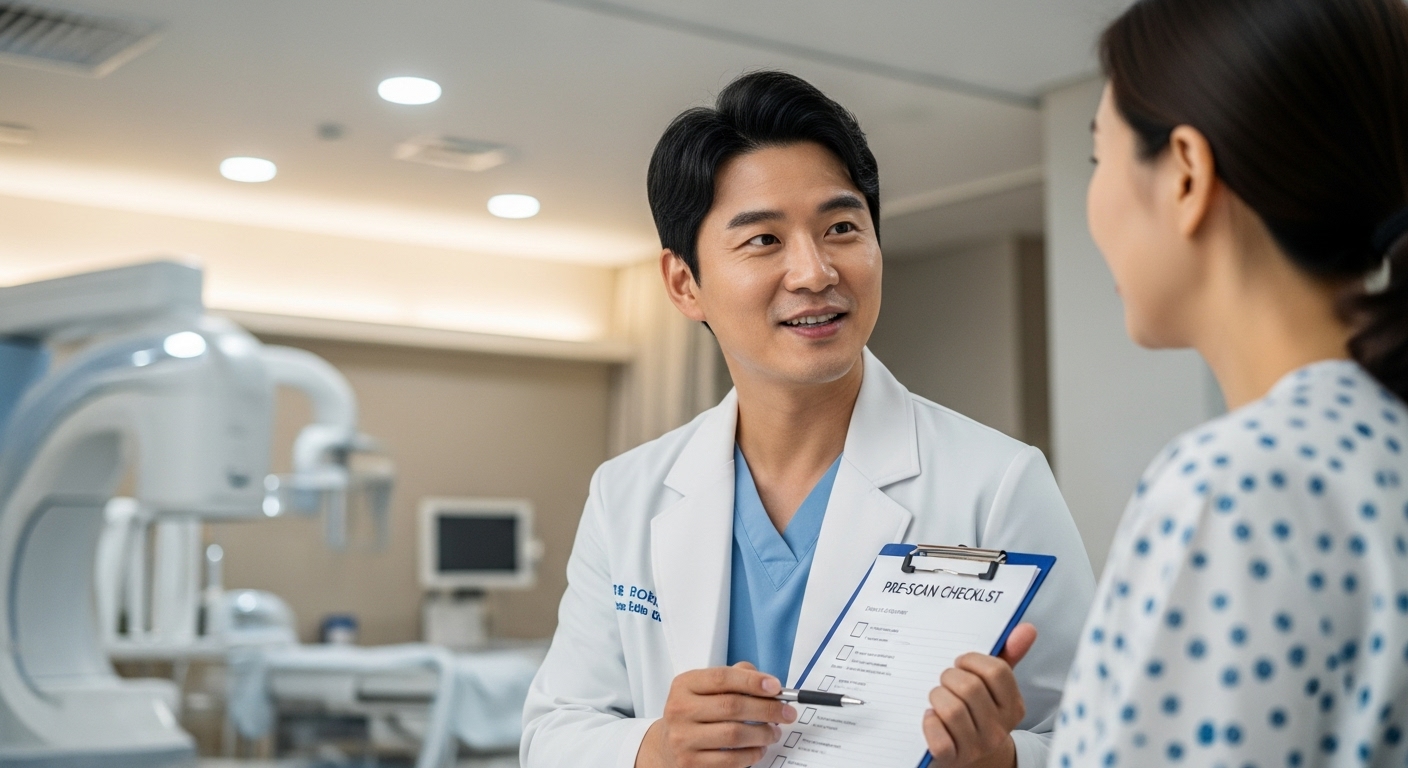 안전한 MRI 검사를 위한 필수 체크리스트 - 한국인 방사선사가 환자에게 MRI 검사 전 확인해야 할 안전 체크리스트를 친절하게 설명하는 모습.