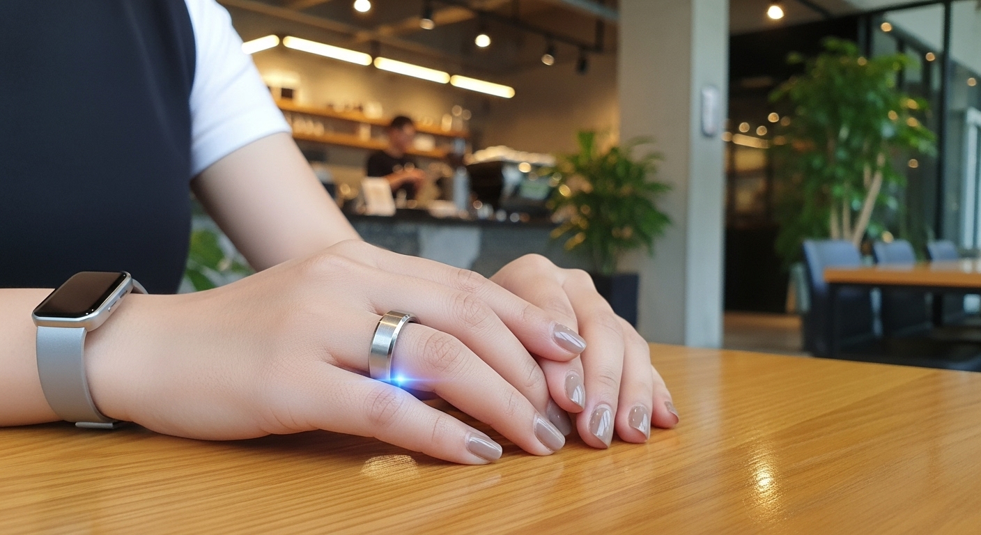 보이지 않는 기술: 스마트 링과 패치의 부상 - 한 여성이 일상복 차림으로 최신 스마트 링을 착용하고 있는 모습.