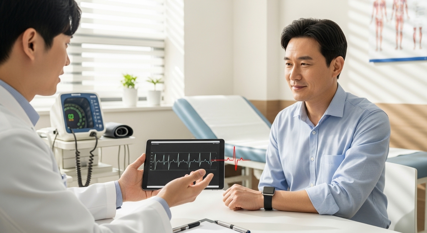 의료 기기와의 경계 붕괴: 전문 헬스케어 기능 탑재 - 의사가 환자의 웨어러블 기기 데이터를 보며 건강 상담을 진행하는 모습.