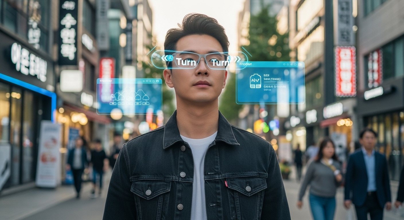 현실과 가상의 융합: 증강현실(AR) 글래스의 대중화 - 한 남성이 AR 글래스를 통해 현실 세계 위에 겹쳐진 디지털 정보를 보고 있는 모습.