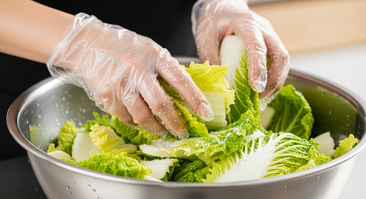 기본 재료 준비 및 배추 절이기 - 위생장갑을 낀 한국인 여성의 손이 커다란 스테인리스 볼에 담긴 배추를 정성껏 소금에 절이는 모습.