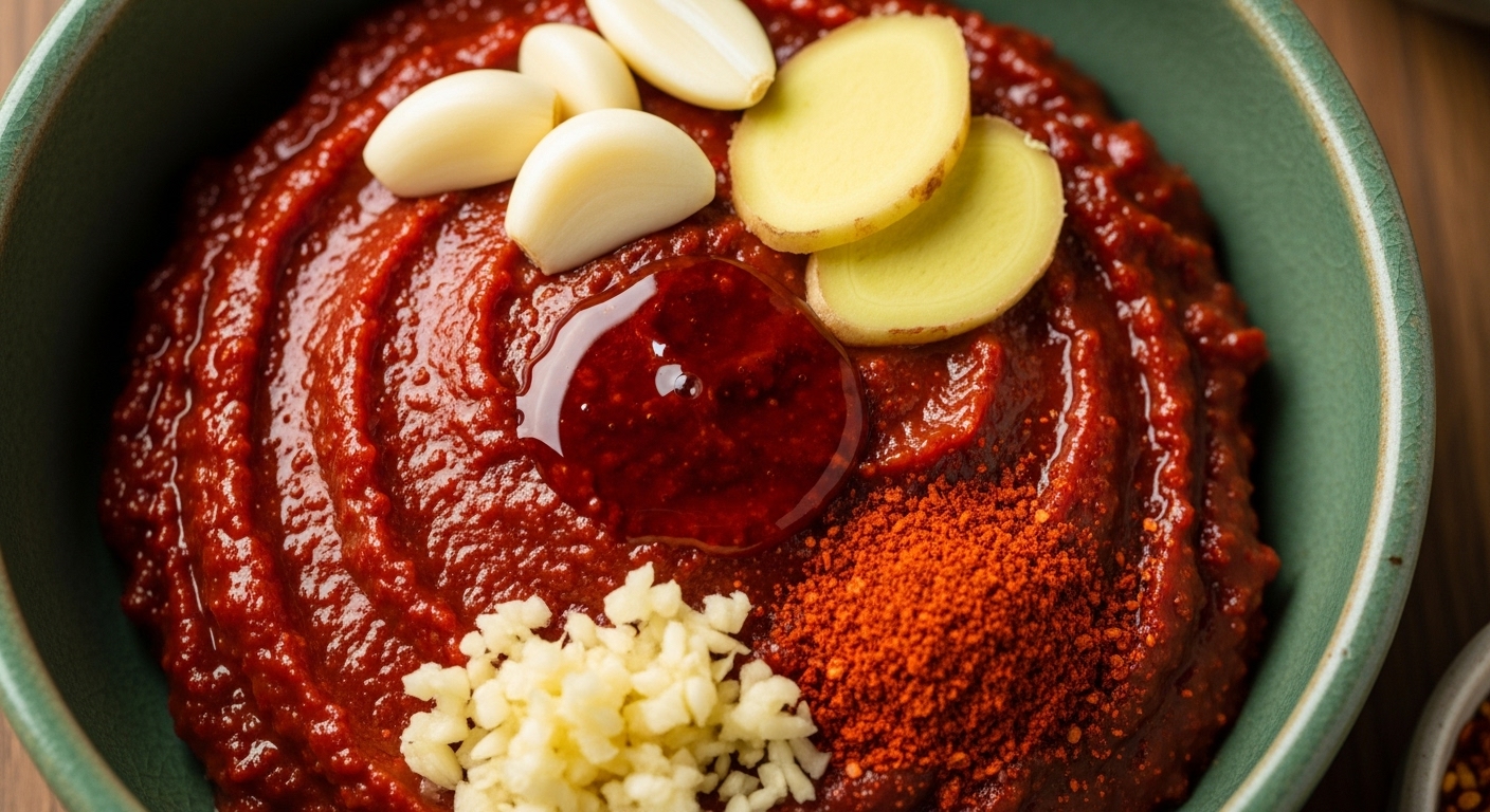 맛을 좌우하는 황금 비율 양념장 만들기 - 마늘, 고춧가루 등 다양한 재료와 함께 그릇에 담긴 먹음직스러운 겉절이 황금 양념장.