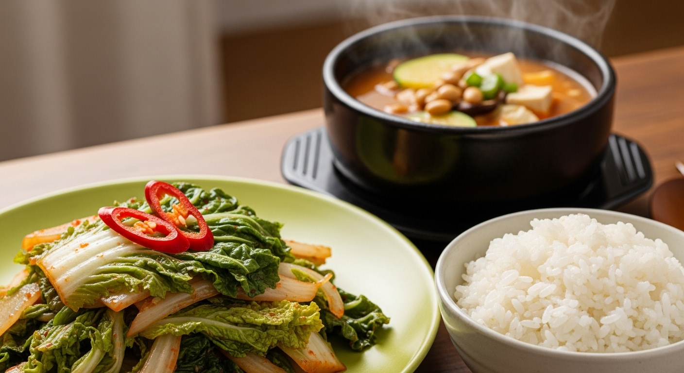 버무리기와 보관: 아삭함을 살리는 마지막 비법 - 갓 지은 쌀밥과 함께 접시에 정갈하게 담겨 있는 맛있는 겉절이 한상차림.