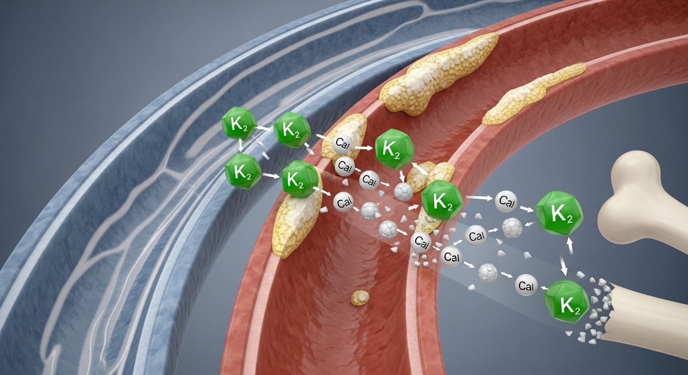 비타민 K2, 숨겨진 수호자: 혈관 건강과 동맥경화 예방 - 건강한 동맥과 석회화된 동맥을 비교하며, 비타민 K2가 혈관의 칼슘 침착을 막는 역할을 시각화한 이미지.