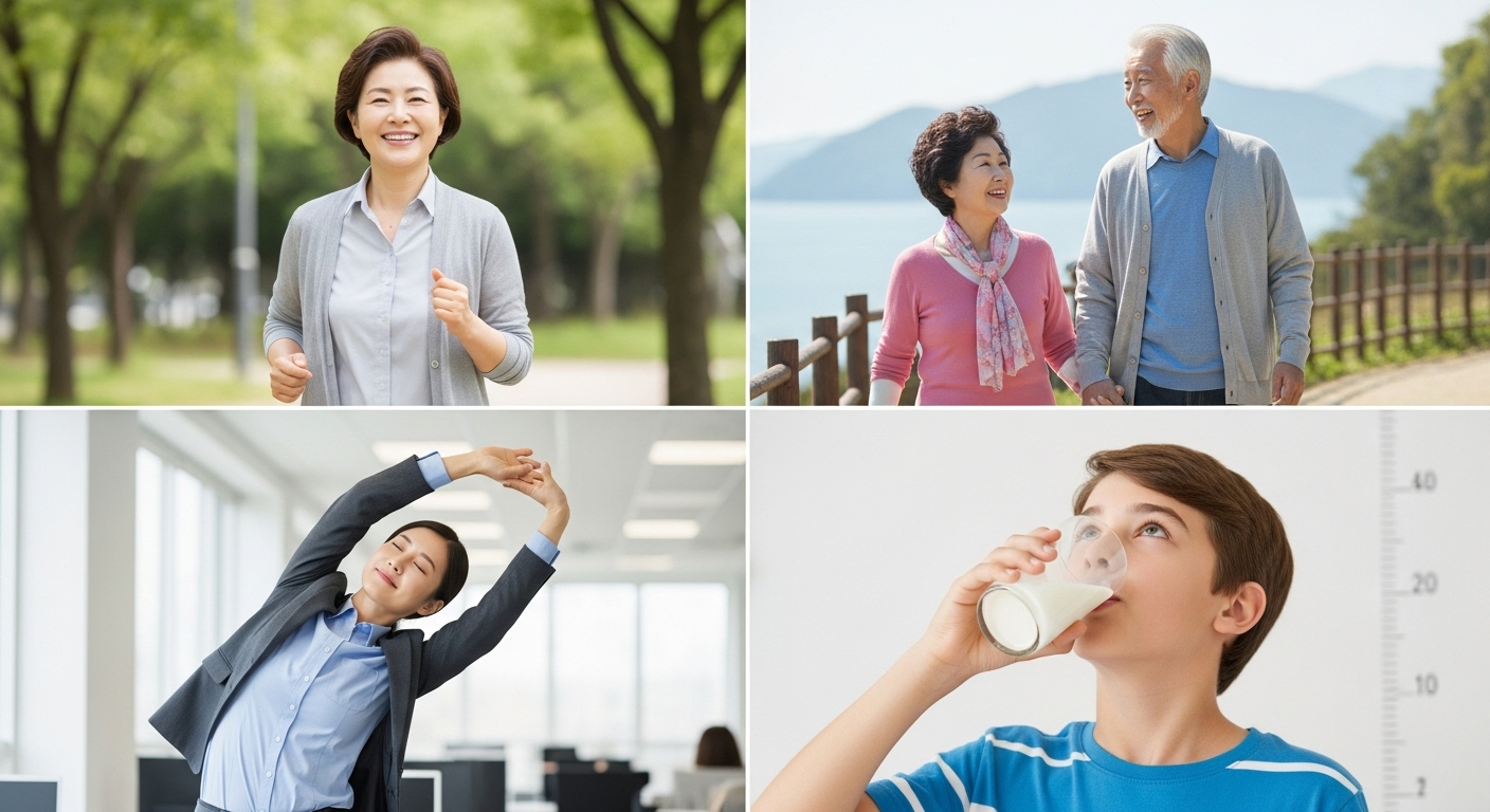 칼마디 K2, 누구에게 가장 필요할까? - 갱년기 여성, 노인, 직장인, 성장기 청소년 등 다양한 연령대의 사람들이 건강하게 활동하는 모습.