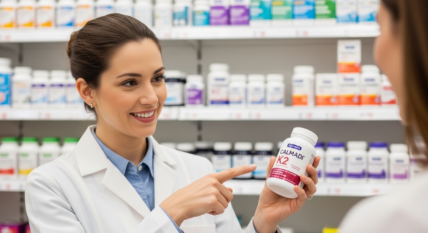 올바른 선택과 섭취 방법: 효과를 극대화하는 팁 - 전문가인 약사가 칼마디 K2 영양제 성분을 설명하며 올바른 선택을 돕는 모습.