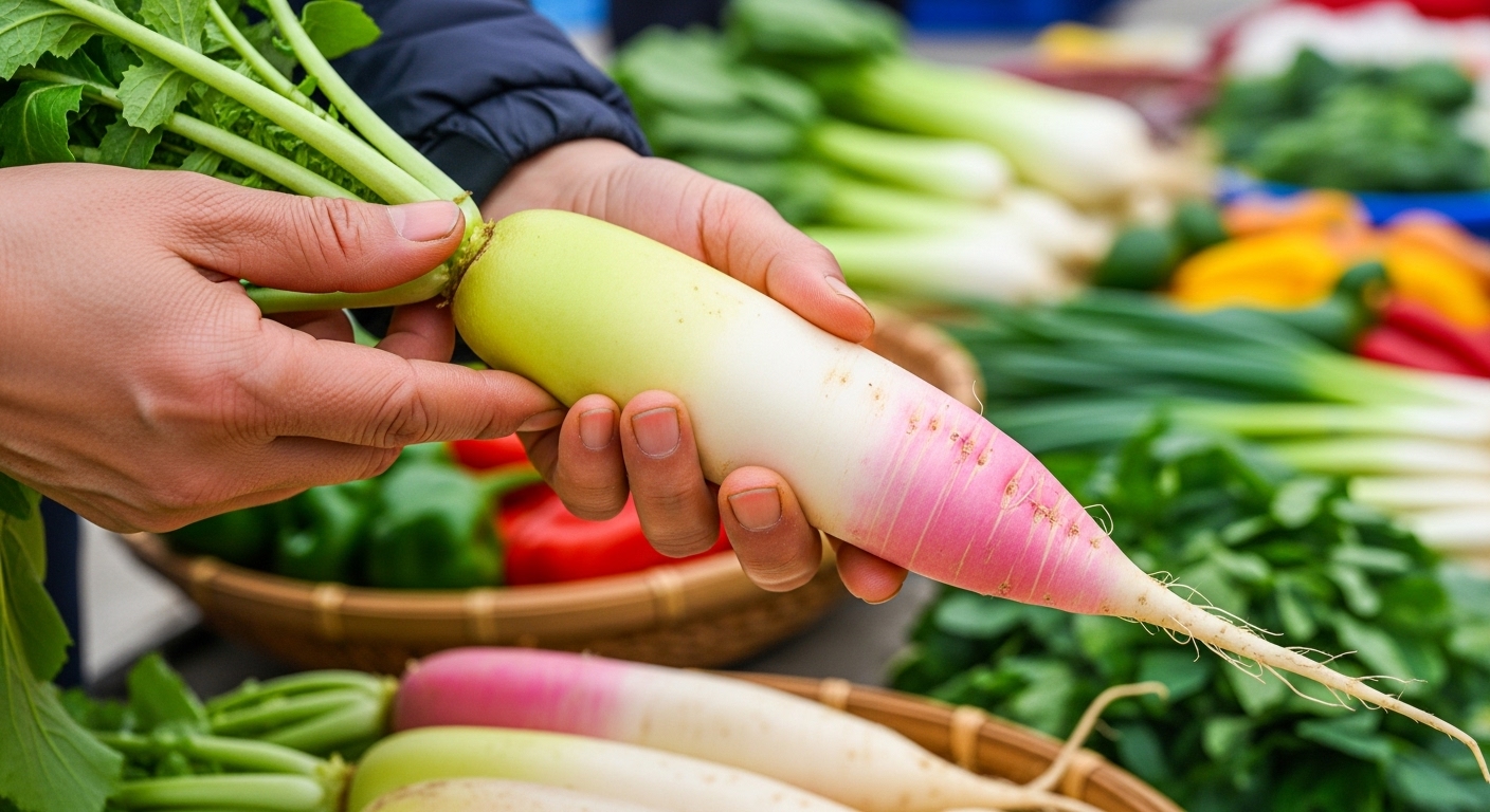 좋은 무 고르는 비법 - 전통 시장에서 한 사람이 신선하고 단단한 무를 꼼꼼하게 고르고 있는 손 클로즈업 장면