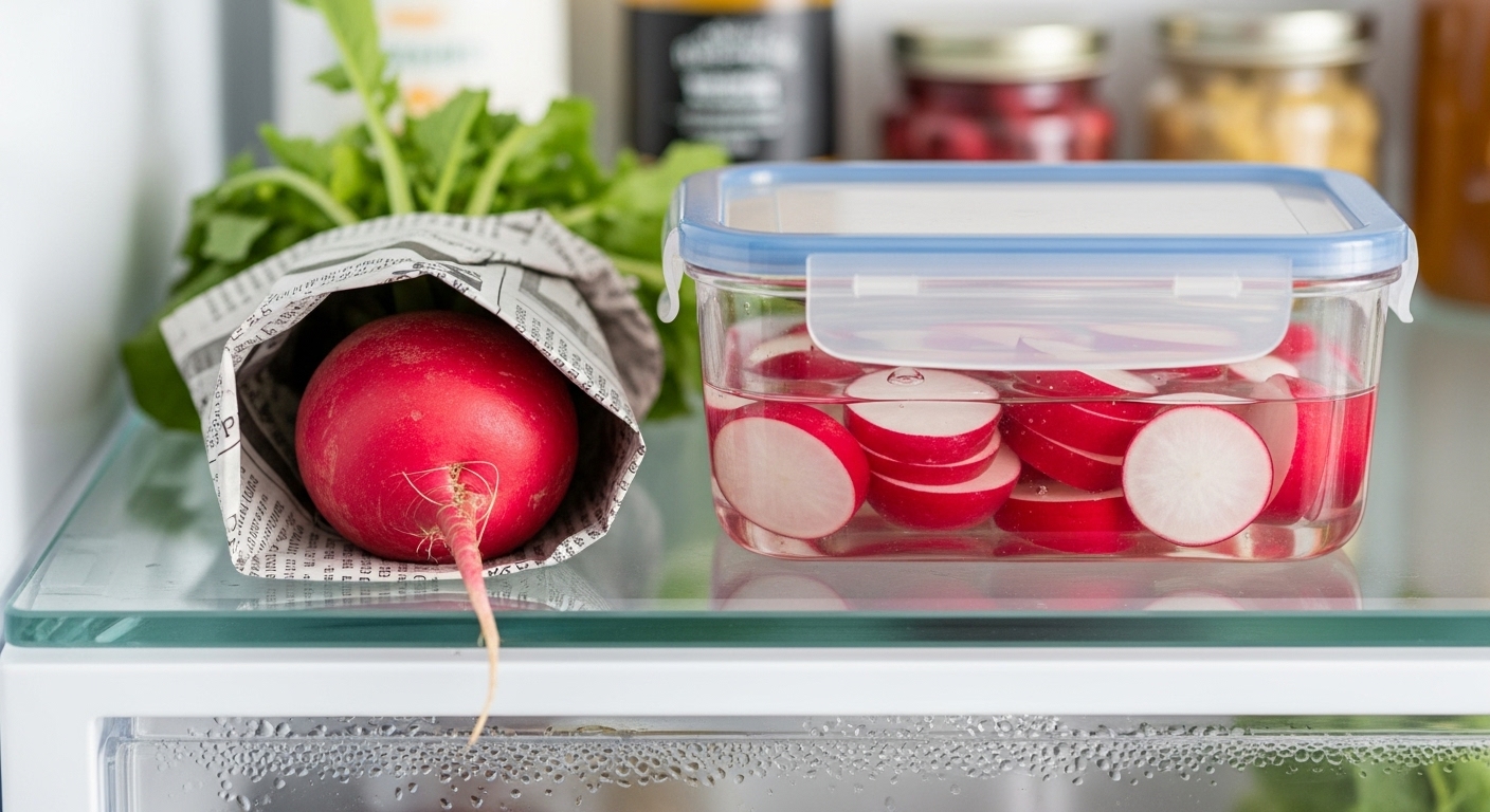 신선함 그대로! 무 오래 보관하는 방법 - 신문지에 싼 통무와 밀폐용기에 담긴 잘린 무가 냉장고에 깔끔하게 보관된 모습