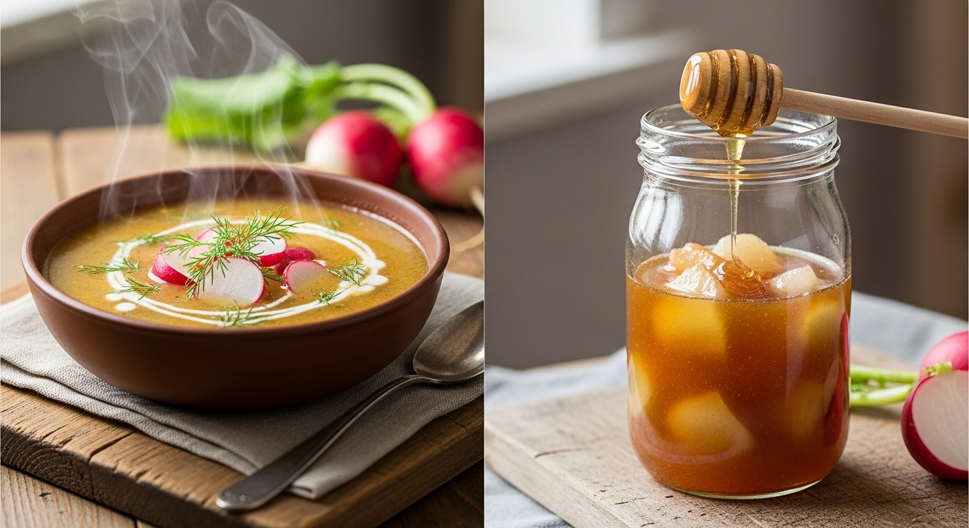 기관지 건강 지키는 무 활용 레시피 - 따뜻한 뭇국 한 그릇과 꿀을 곁들인 수제 배무즙이 담긴 유리병이 나무 식탁 위에 놓여있는 모습