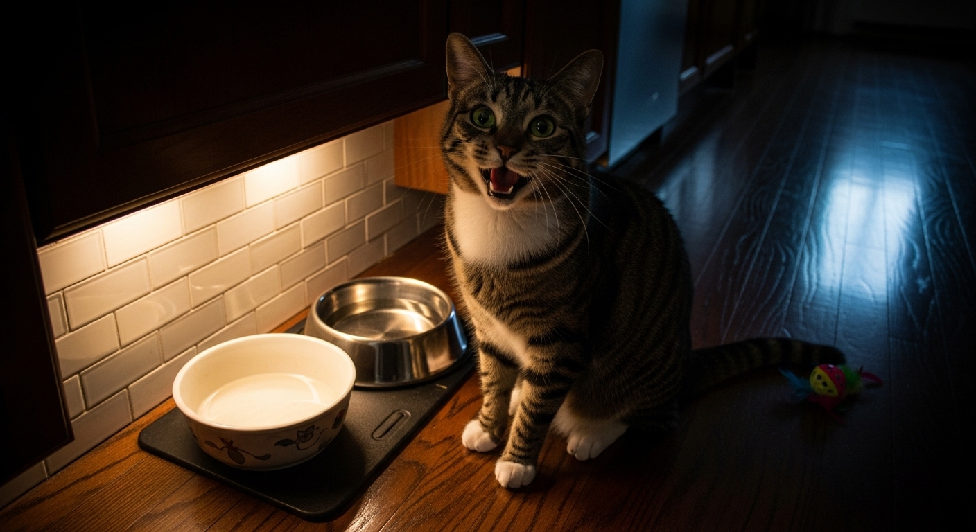 배고픔, 갈증 등 기본적인 생리적 욕구 - 밤에 텅 빈 밥그릇과 물그릇 옆에서 울고 있는 고양이.