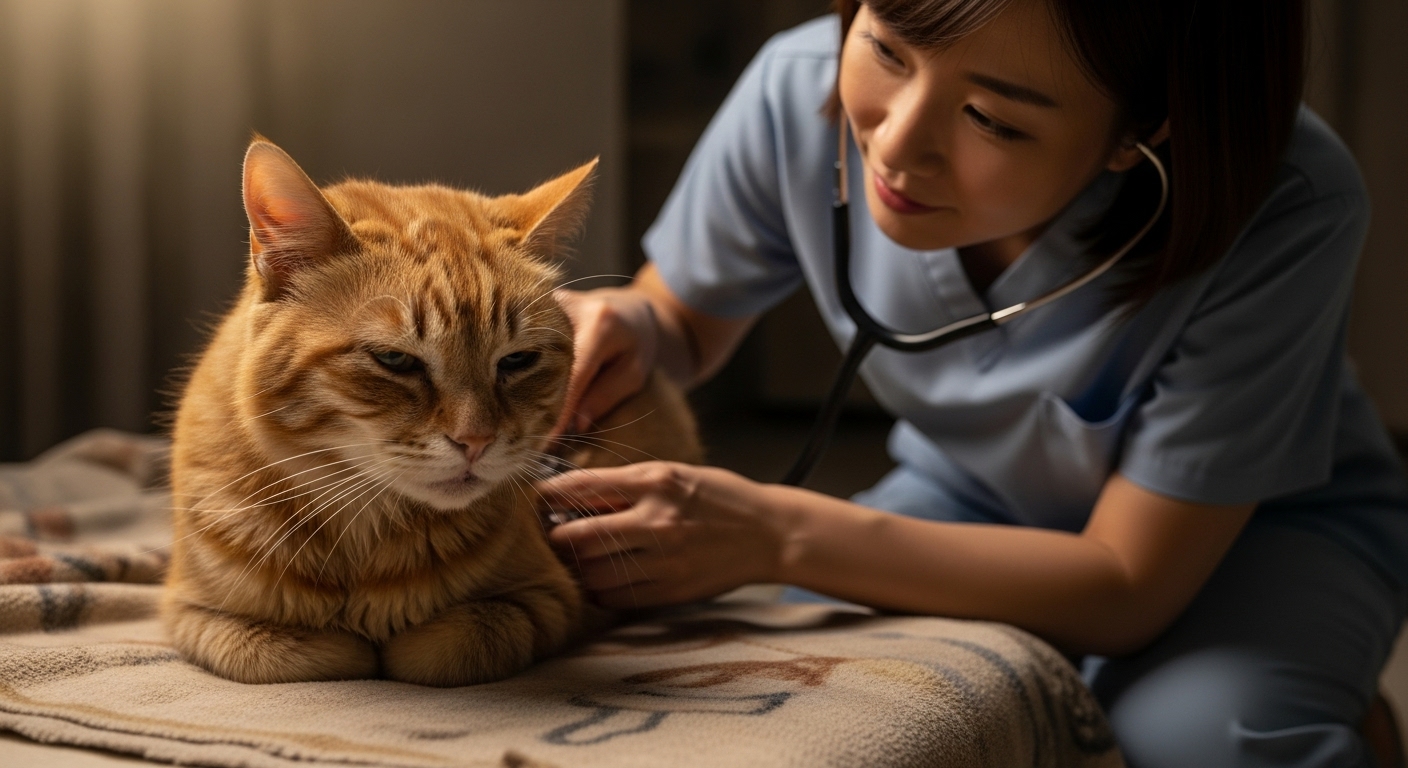 통증 및 질병의 위험 신호 - 밤에 몸이 아픈 듯 불편한 표정으로 웅크리고 있는 고양이를 수의사가 조심스럽게 살펴보는 장면.