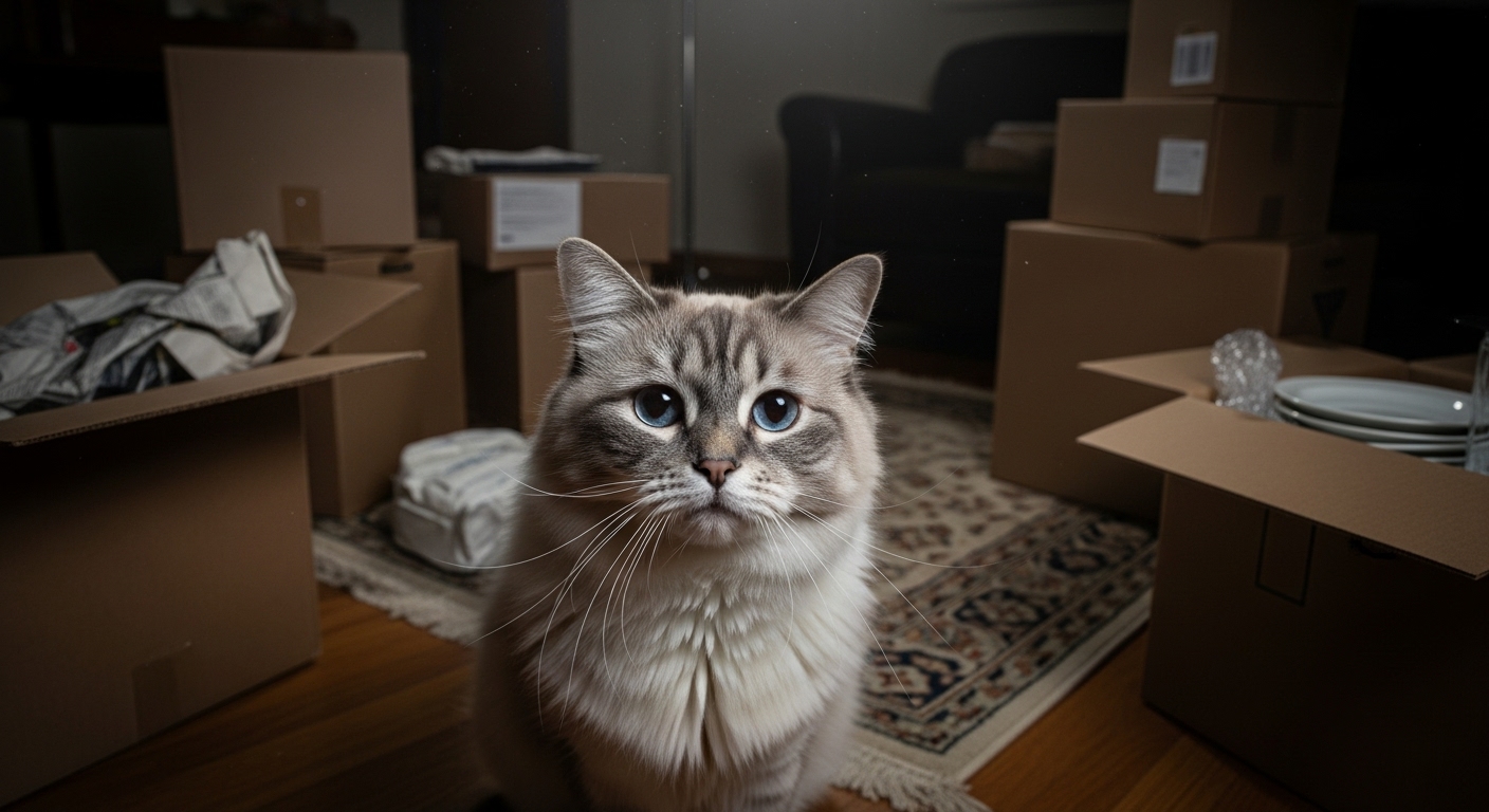 노령화와 환경 변화로 인한 불안감 - 이사 온 집의 낯선 환경 때문에 불안해하며 혼란스러워하는 늙은 고양이.