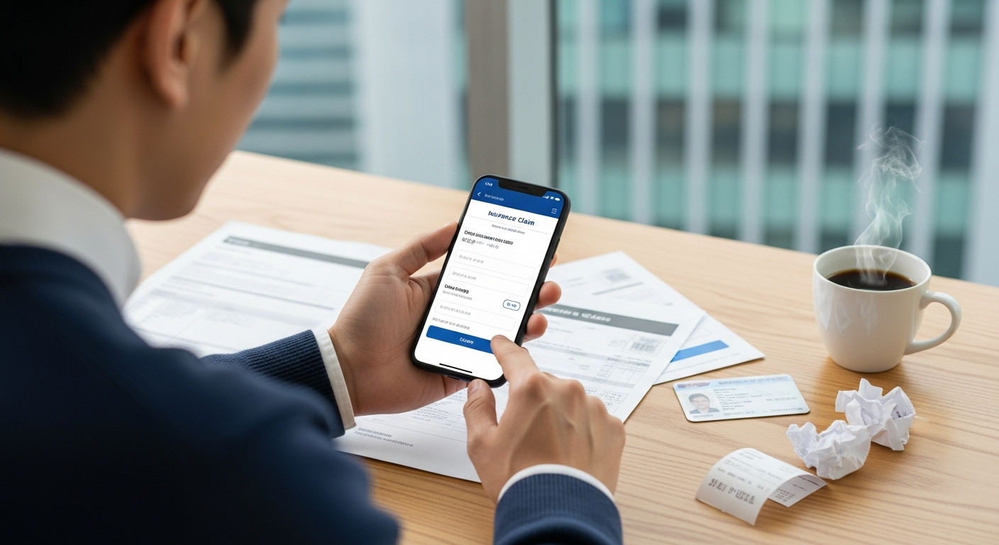독감 보험금 단계별 청구 방법 - 한 사람이 책상에 앉아 스마트폰 보험 앱을 이용해 서류를 제출하며 간편하게 보험금을 청구하는 과정.