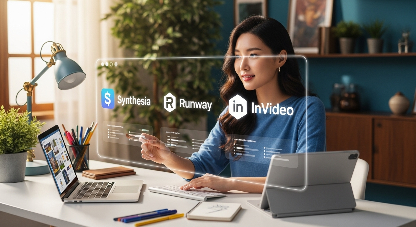 주요 AI 브랜딩 영상 툴 핵심 기능 비교 - 여러 AI 영상 툴 로고를 보며 분석하는 한국인 크리에이터의 모습