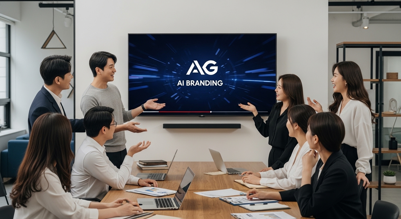 AI 영상 제작의 전략적 이점과 활용 사례 - 한국인 팀원들이 AI 브랜딩 영상을 보며 긍정적으로 평가하는 모습