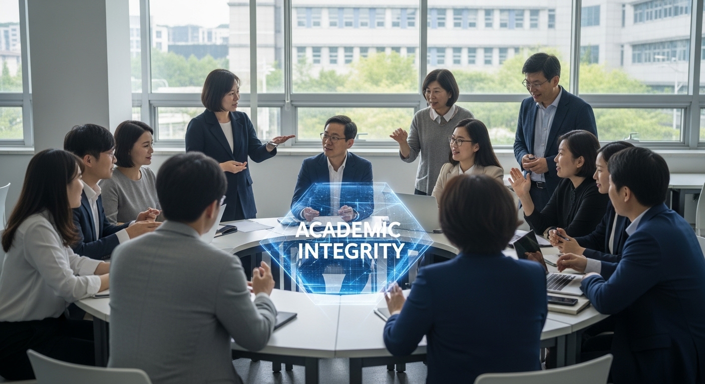 대학 및 교육 기관의 대응 방안 - 여러 교수들이 모여 AI 시대의 학문적 무결성 정책에 대해 논의하는 장면.