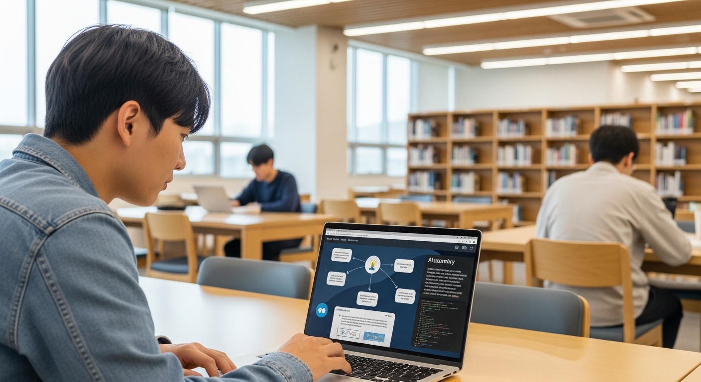 올바른 AI 활용법 찾기 - 한 학생이 도서관에서 AI를 부정행위가 아닌 학습 보조 도구로 창의적이고 윤리적으로 활용하는 모습.