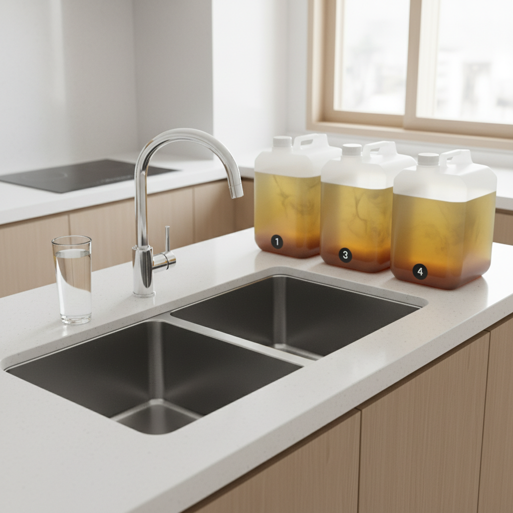 충격적인 정수기 폐수량 비교 - 깨끗한 물 한 컵과 그 몇 배에 달하는 폐수통을 나란히 놓아 RO 정수기의 폐수 비율을 시각적으로 보여주는 이미지.