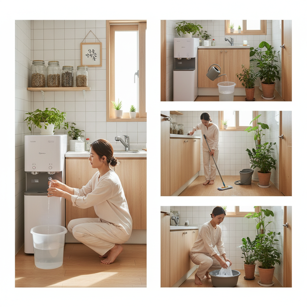 정수기 폐수 현명한 활용법 - 한 사람이 정수기에서 나오는 폐수를 모아 화분에 물을 주거나 바닥을 닦는 등 다양하게 재활용하는 모습.