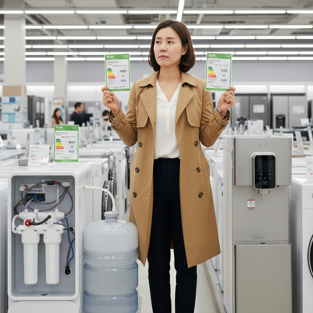 정수기 폐수량 줄이는 해결책 - 한 소비자가 매장에서 RO 정수기와 직수형 정수기의 효율 등급 라벨을 비교하며 현명한 선택을 고민하는 모습.