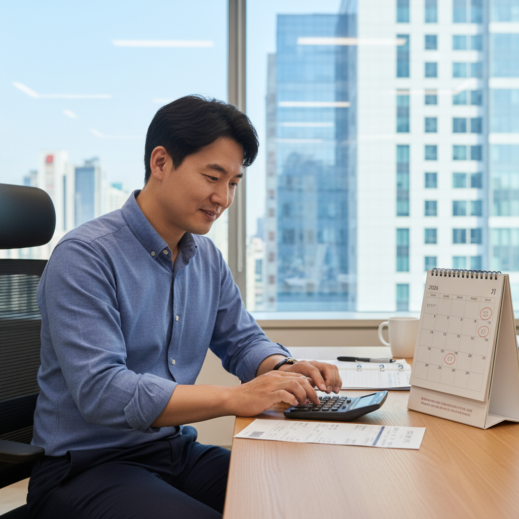 월급 및 연봉 실수령액 상세 계산 - 2026년 달력과 급여명세서, 계산기를 보며 월급을 계산하는 직장인의 모습.