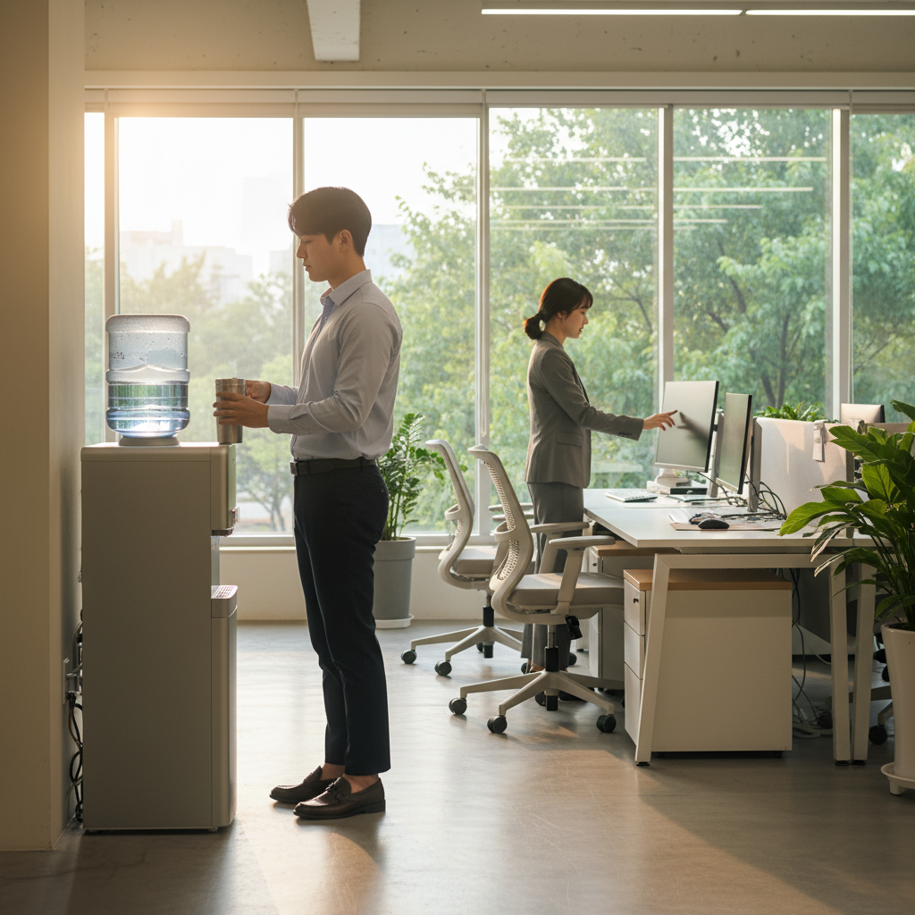 직장에서 실천하는 스마트한 친환경 습관 - 사무실에서 직원들이 텀블러 사용과 불필요한 전원 끄기를 실천하는 모습.